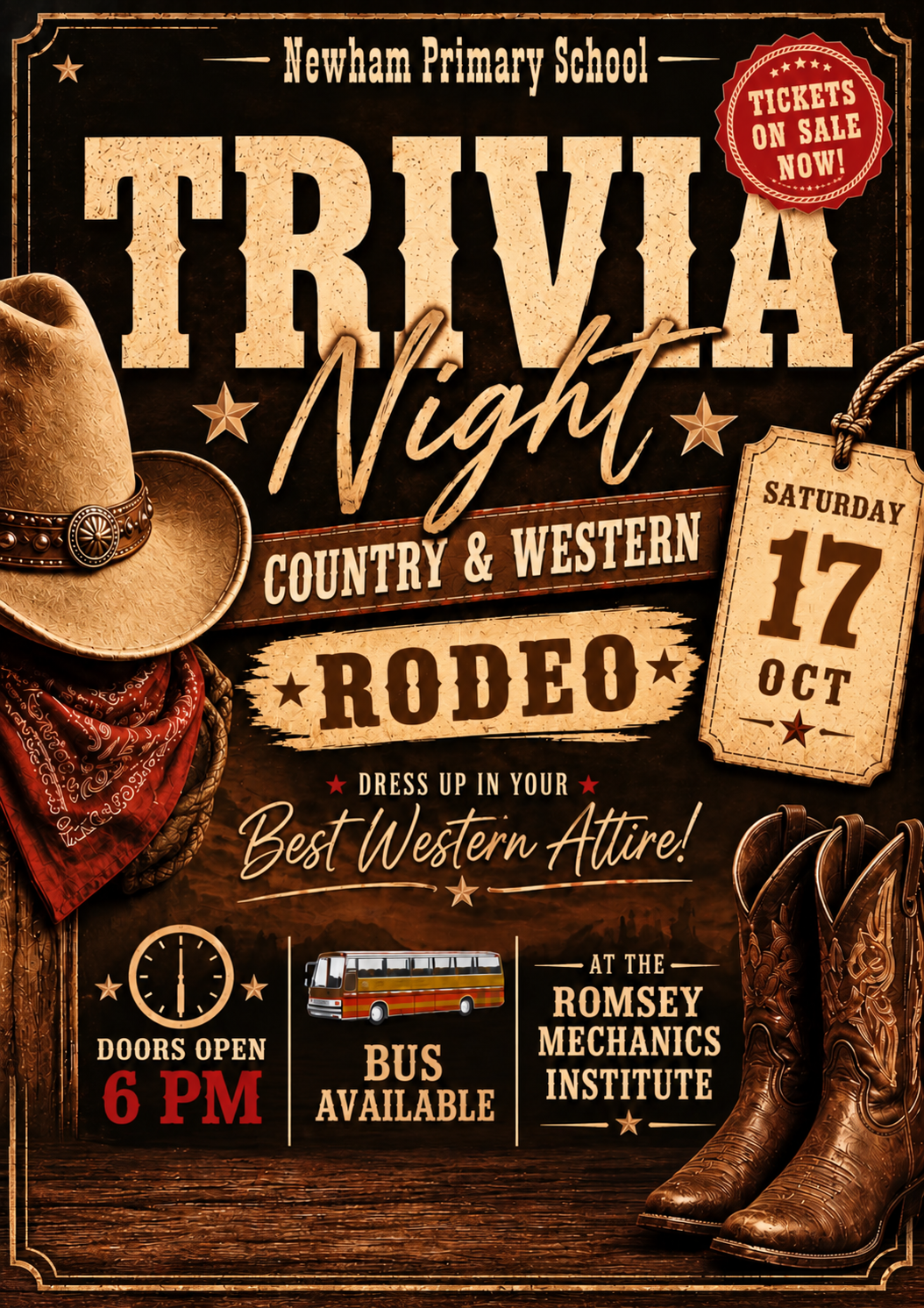 Newham Primary School Country and Western Rodeo Trivia Night poster. Saturday 17 October, doors open 6pm, bus available, Romsey Mechanics Institute. Dress in your best western attire. Select to book tickets.